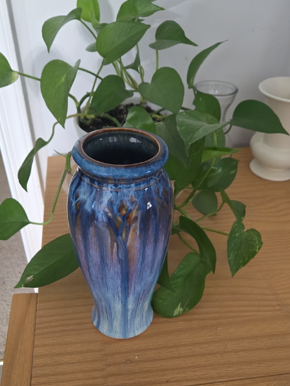 Vintage Bill Campbell Studio Art Pottery Vase With Blue Drip Glaze.